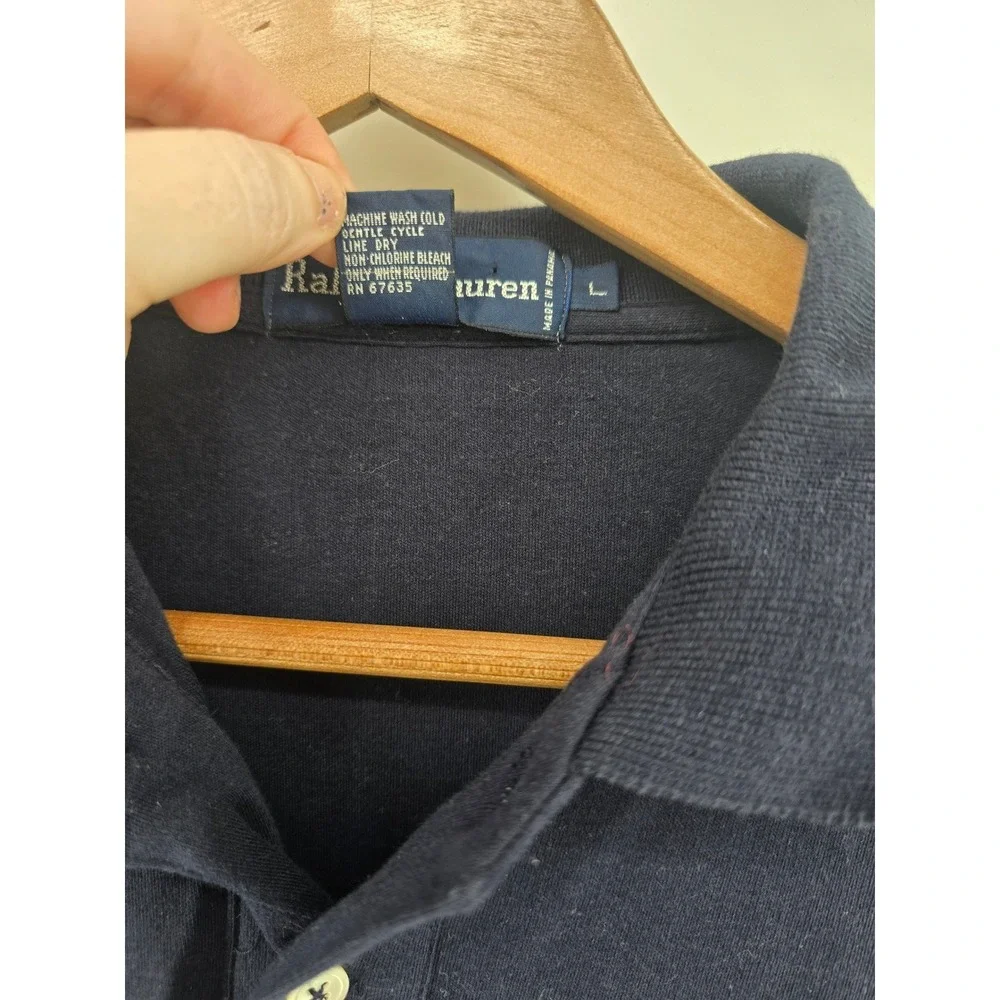 Ralph Lauren Polo Shirt Mens L Navy Blue Long Slv Equestrian Flap Pocket Cotton